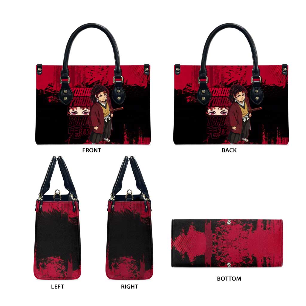 Yoriichi Tsugikuni Demon Slayer Red Grunge Design Leather Bag with Intense Eyes and Sword Stance - The Mazicc