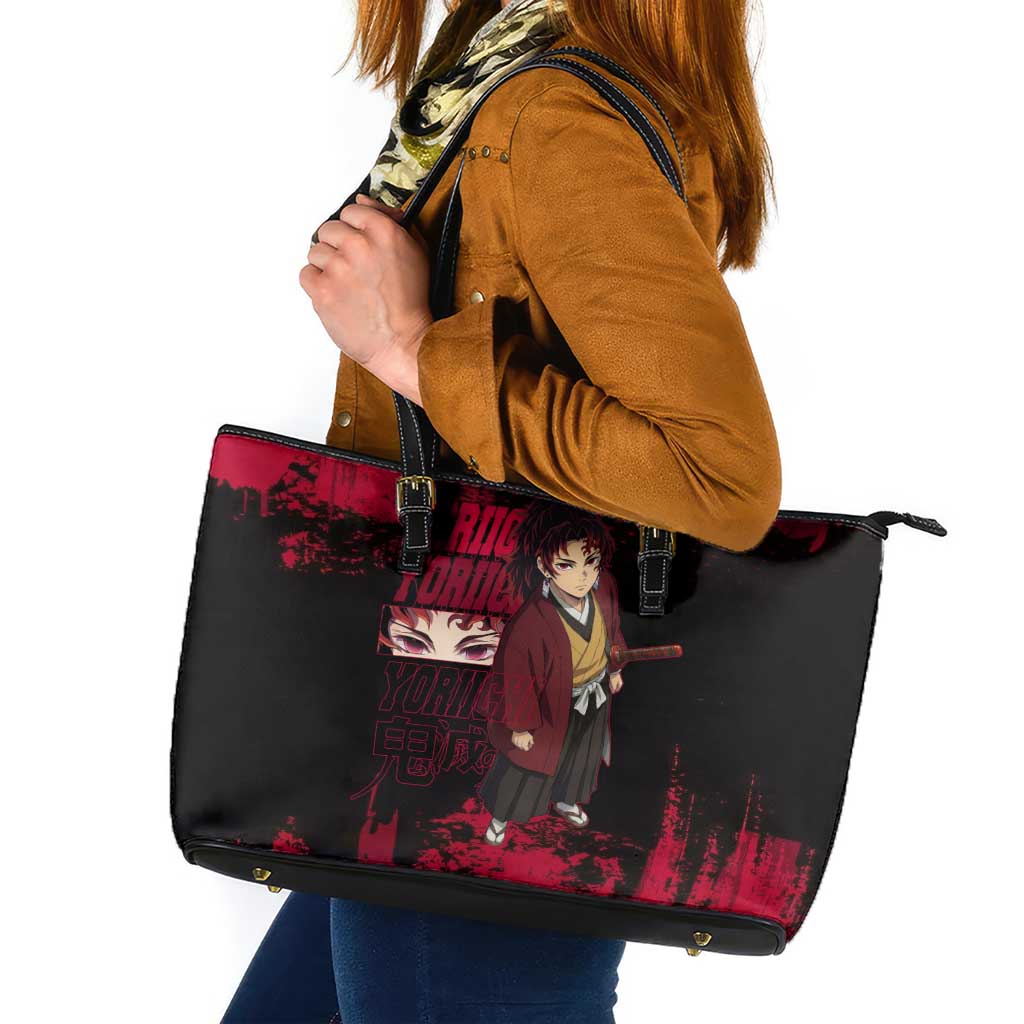 Yoriichi Tsugikuni Demon Slayer Red Grunge Design Leather Tote Bag with Intense Eyes and Sword Stance - The Mazicc