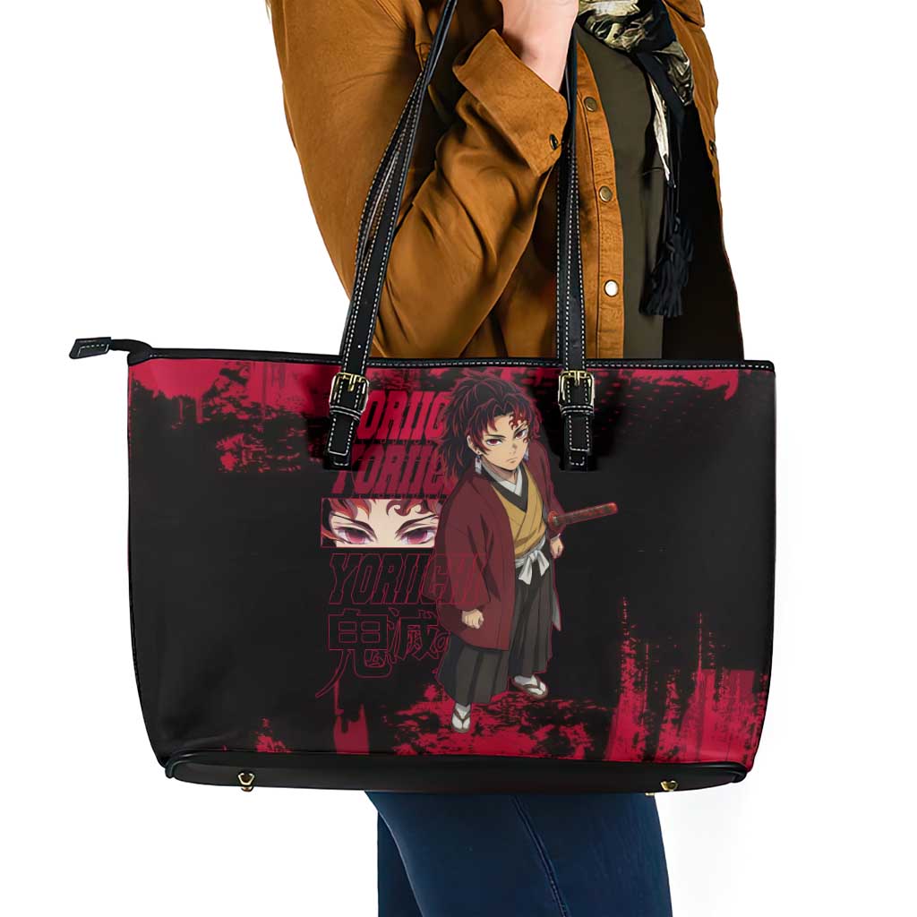 Yoriichi Tsugikuni Demon Slayer Red Grunge Design Leather Tote Bag with Intense Eyes and Sword Stance - The Mazicc