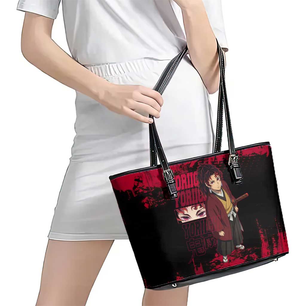 Yoriichi Tsugikuni Demon Slayer Red Grunge Design Leather Tote Bag with Intense Eyes and Sword Stance - The Mazicc