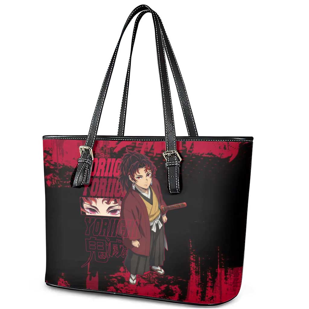 Yoriichi Tsugikuni Demon Slayer Red Grunge Design Leather Tote Bag with Intense Eyes and Sword Stance - The Mazicc