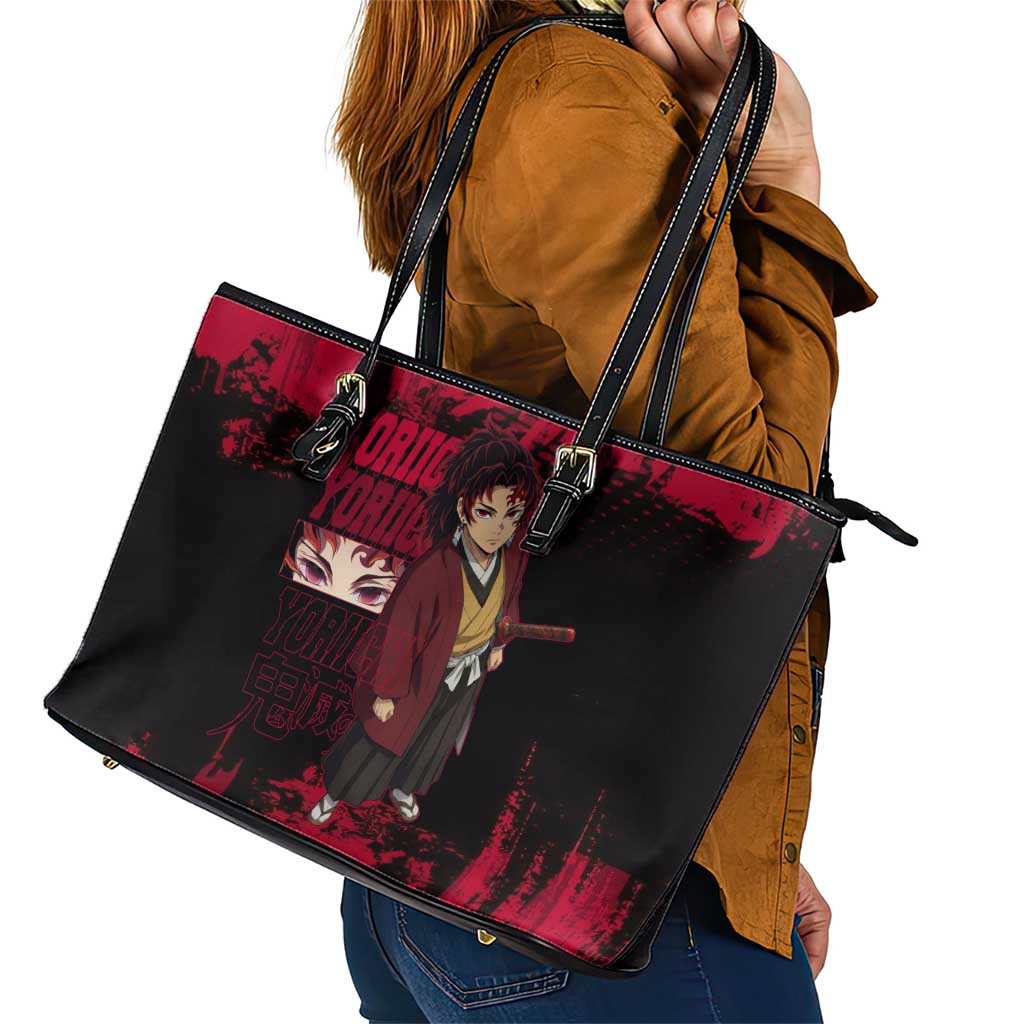 Yoriichi Tsugikuni Demon Slayer Red Grunge Design Leather Tote Bag with Intense Eyes and Sword Stance - The Mazicc