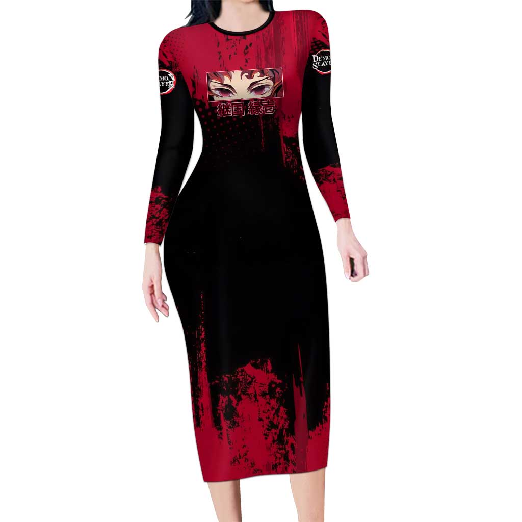 Yoriichi Tsugikuni Demon Slayer Red Grunge Design Long Sleeve Bodycon Dress with Intense Eyes and Sword Stance - The Mazicc