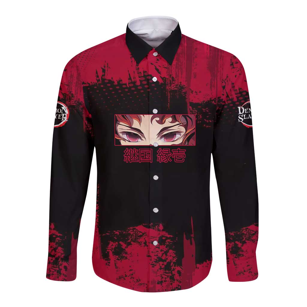 Yoriichi Tsugikuni Demon Slayer Red Grunge Design Long Sleeve Button Shirt with Intense Eyes and Sword Stance - The Mazicc