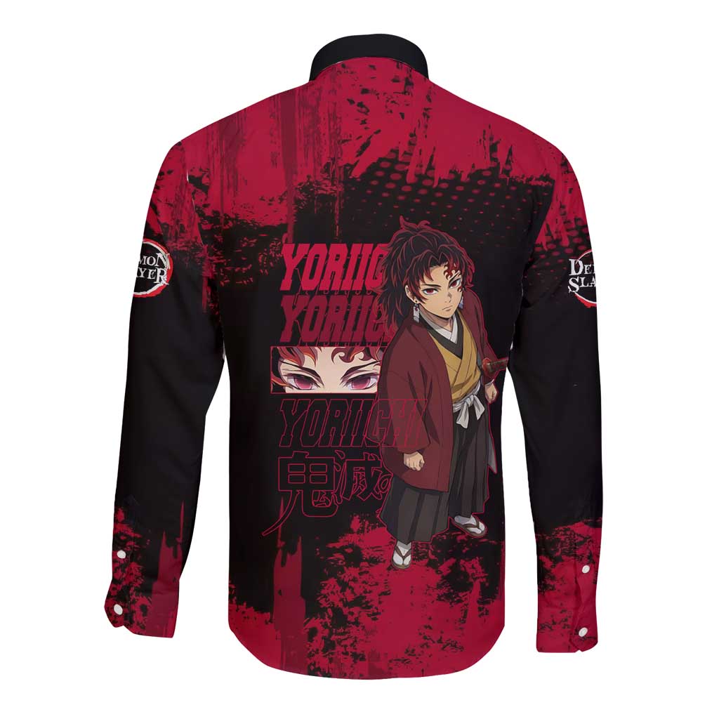 Yoriichi Tsugikuni Demon Slayer Red Grunge Design Long Sleeve Button Shirt with Intense Eyes and Sword Stance - The Mazicc