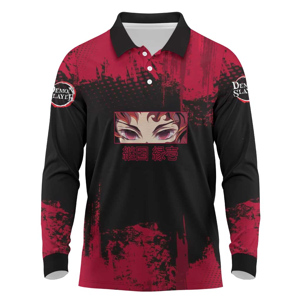 Yoriichi Tsugikuni Demon Slayer Red Grunge Design Long Sleeve Polo Shirt with Intense Eyes and Sword Stance - The Mazicc