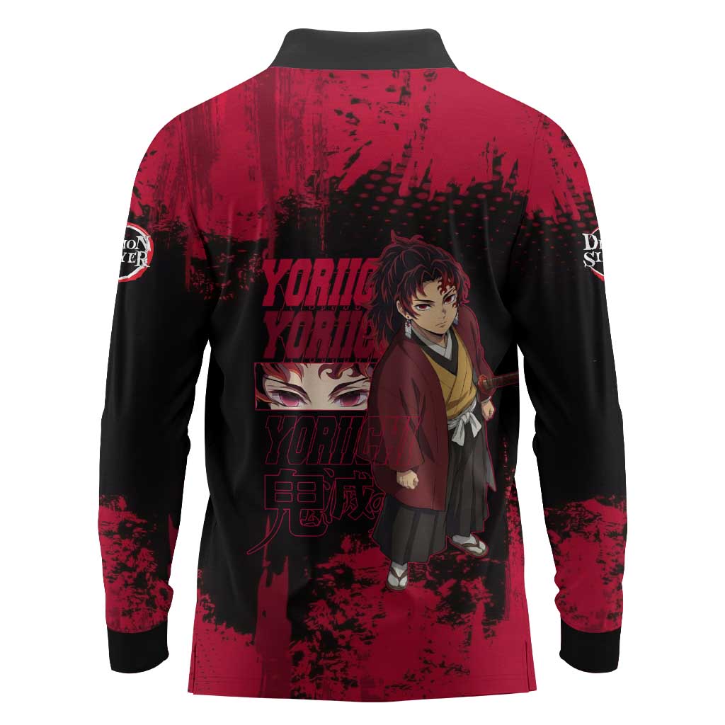 Yoriichi Tsugikuni Demon Slayer Red Grunge Design Long Sleeve Polo Shirt with Intense Eyes and Sword Stance - The Mazicc