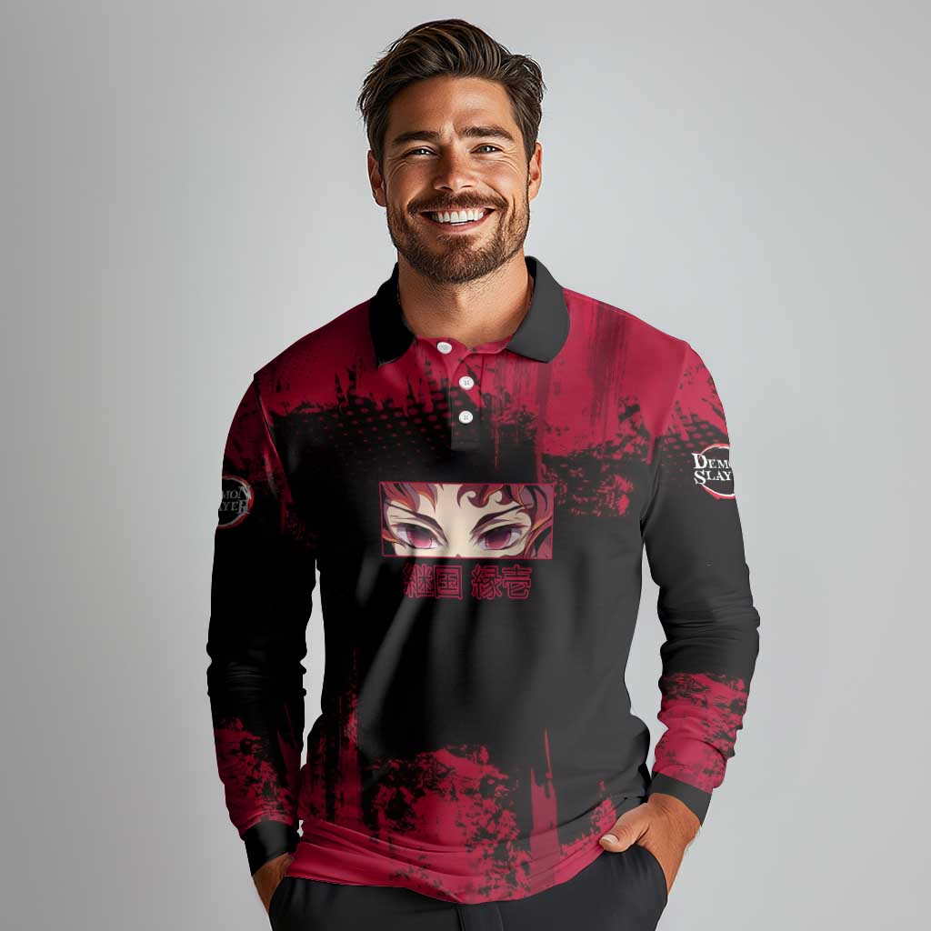 Yoriichi Tsugikuni Demon Slayer Red Grunge Design Long Sleeve Polo Shirt with Intense Eyes and Sword Stance - The Mazicc