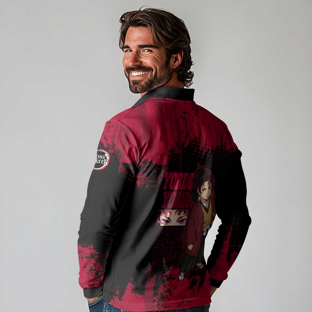 Yoriichi Tsugikuni Demon Slayer Red Grunge Design Long Sleeve Polo Shirt with Intense Eyes and Sword Stance - The Mazicc