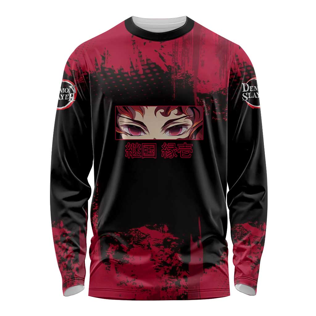 Yoriichi Tsugikuni Demon Slayer Red Grunge Design Long Sleeve Shirt with Intense Eyes and Sword Stance - The Mazicc