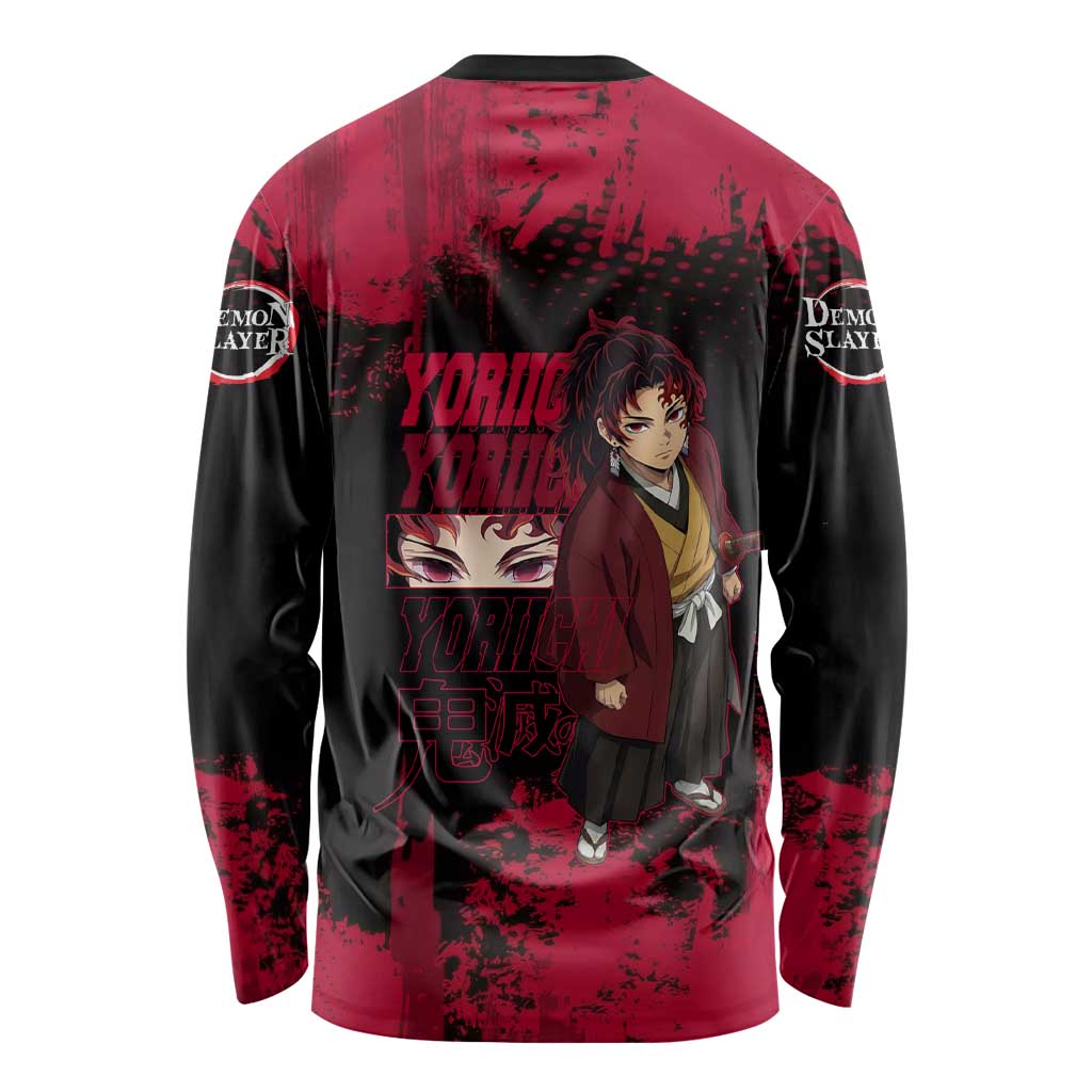 Yoriichi Tsugikuni Demon Slayer Red Grunge Design Long Sleeve Shirt with Intense Eyes and Sword Stance - The Mazicc