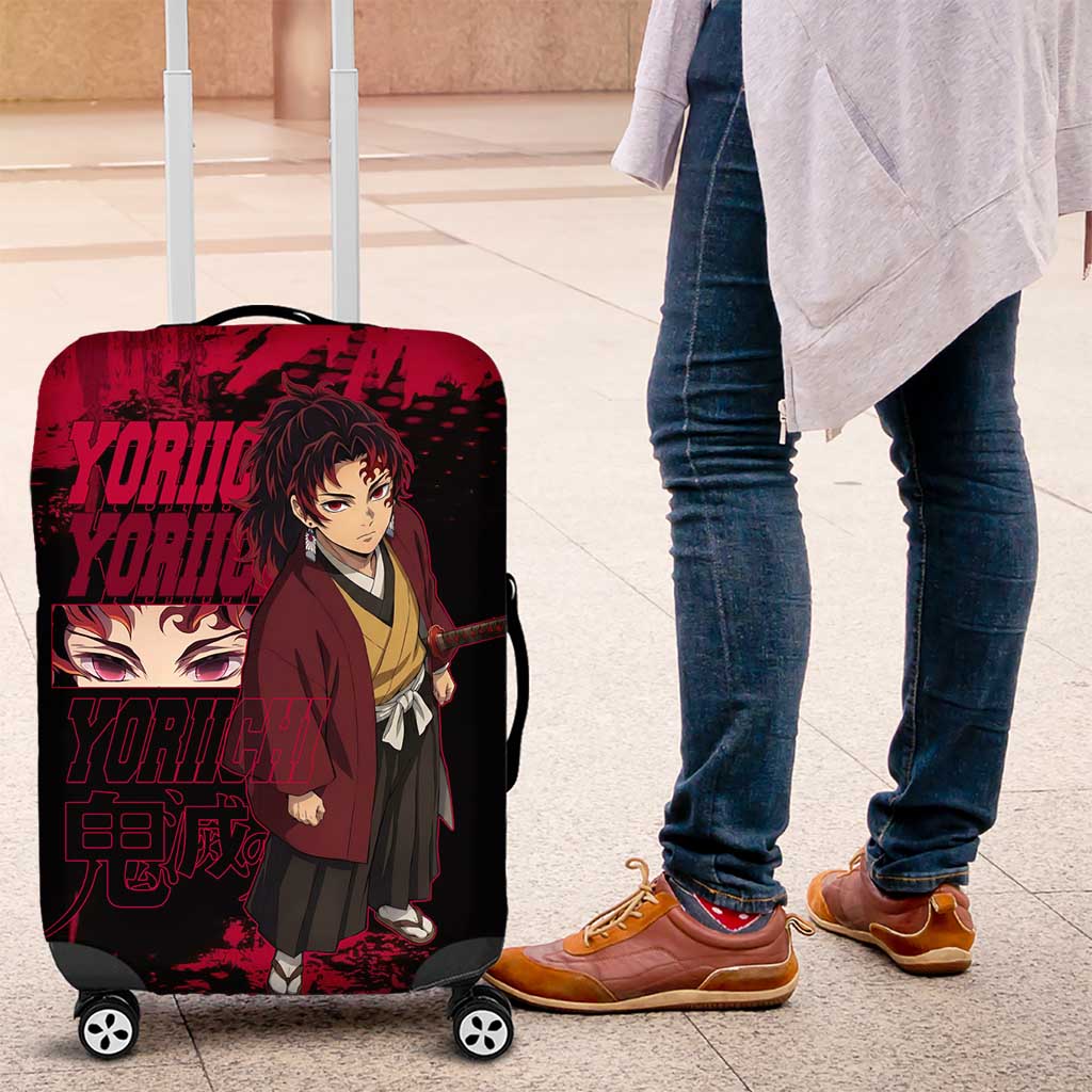 Yoriichi Tsugikuni Demon Slayer Red Grunge Design Luggage Cover with Intense Eyes and Sword Stance - The Mazicc