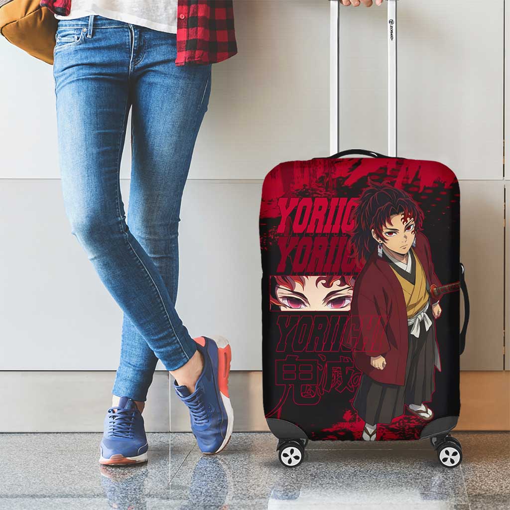 Yoriichi Tsugikuni Demon Slayer Red Grunge Design Luggage Cover with Intense Eyes and Sword Stance - The Mazicc