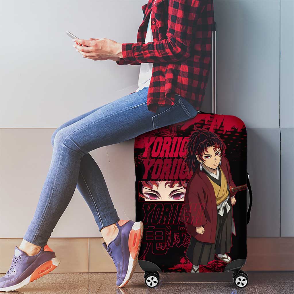 Yoriichi Tsugikuni Demon Slayer Red Grunge Design Luggage Cover with Intense Eyes and Sword Stance - The Mazicc