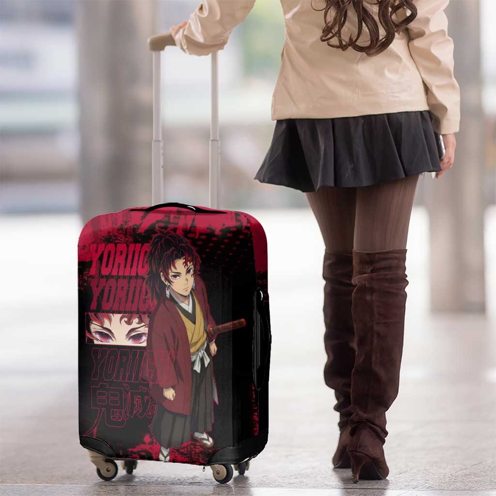 Yoriichi Tsugikuni Demon Slayer Red Grunge Design Luggage Cover with Intense Eyes and Sword Stance - The Mazicc