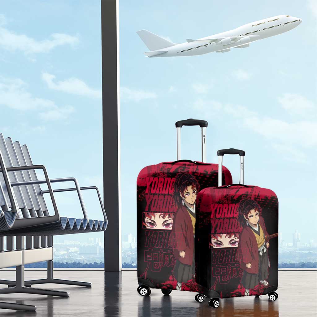 Yoriichi Tsugikuni Demon Slayer Red Grunge Design Luggage Cover with Intense Eyes and Sword Stance - The Mazicc