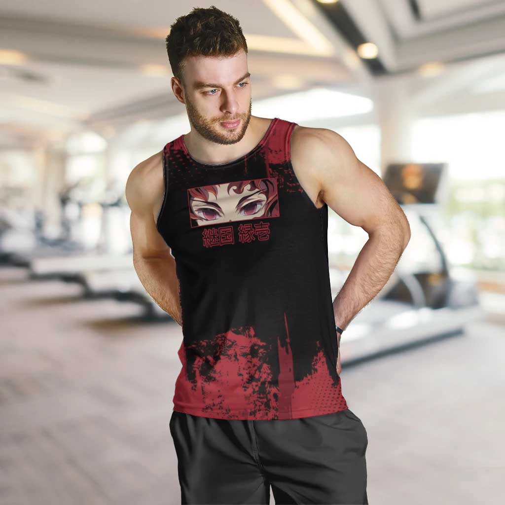 Yoriichi Tsugikuni Demon Slayer Red Grunge Design Men Tank Top with Intense Eyes and Sword Stance - The Mazicc