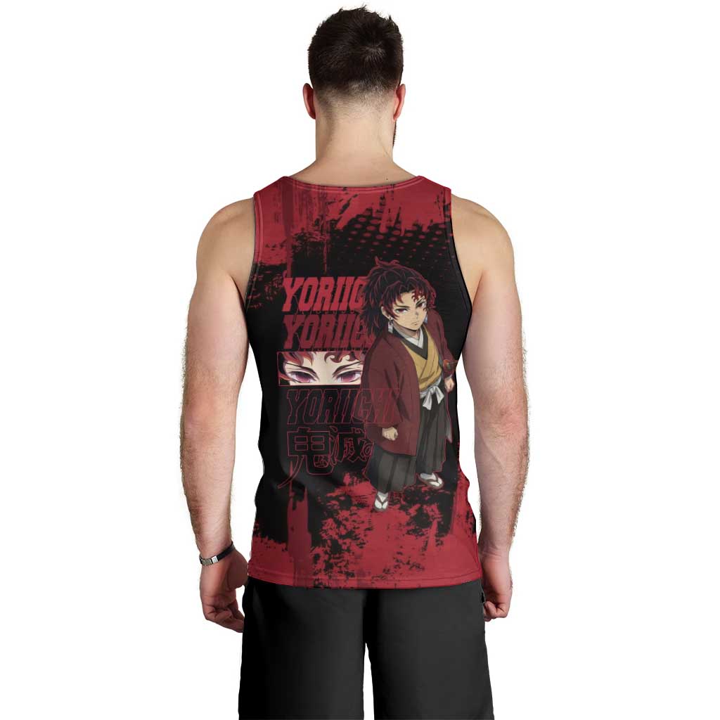 Yoriichi Tsugikuni Demon Slayer Red Grunge Design Men Tank Top with Intense Eyes and Sword Stance - The Mazicc