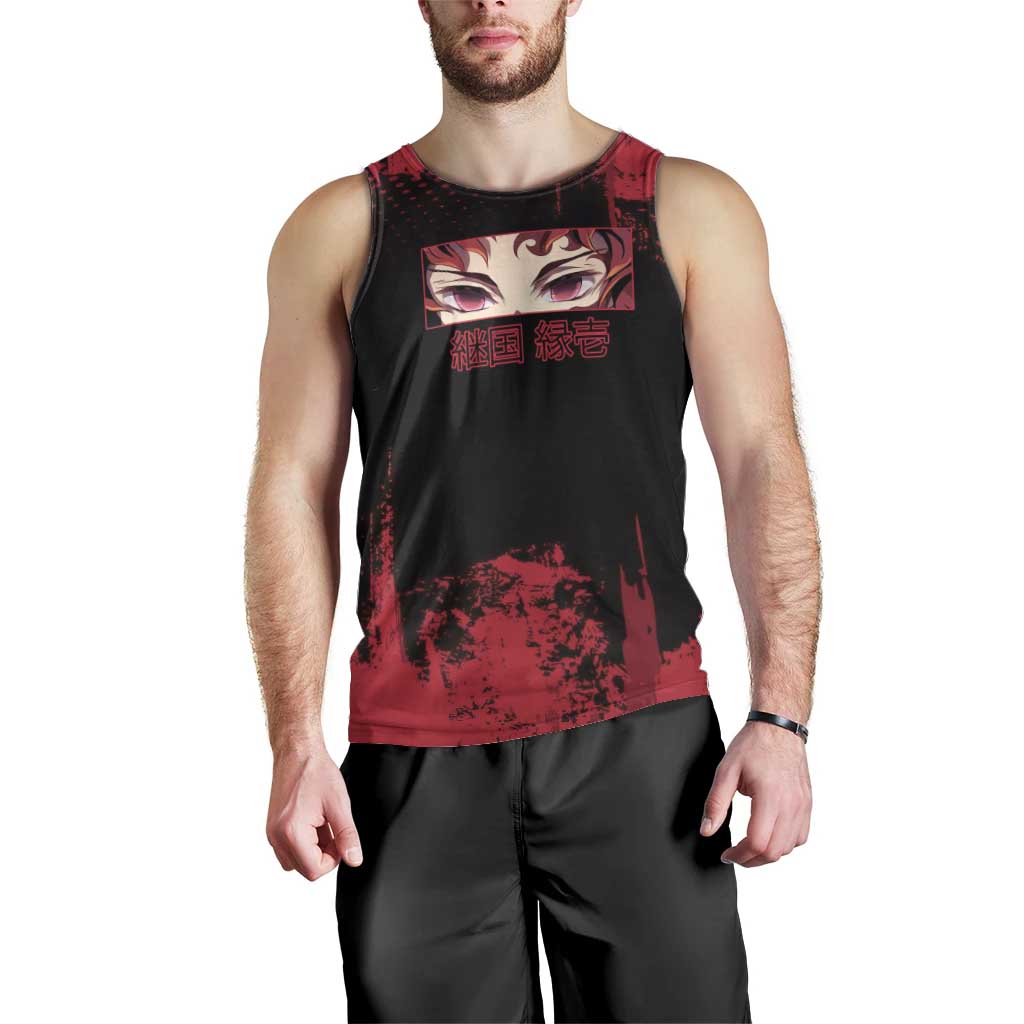 Yoriichi Tsugikuni Demon Slayer Red Grunge Design Men Tank Top with Intense Eyes and Sword Stance - The Mazicc