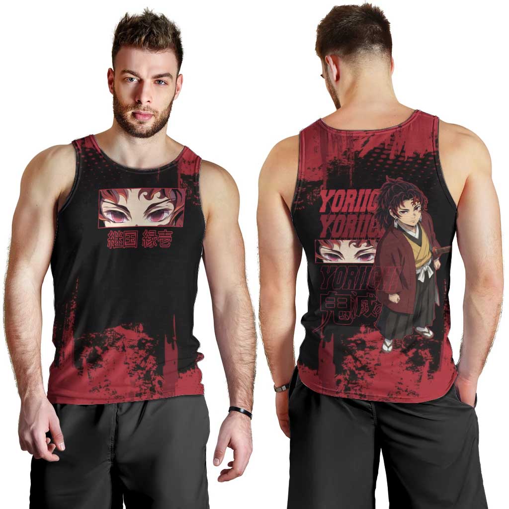 Yoriichi Tsugikuni Demon Slayer Red Grunge Design Men Tank Top with Intense Eyes and Sword Stance - The Mazicc