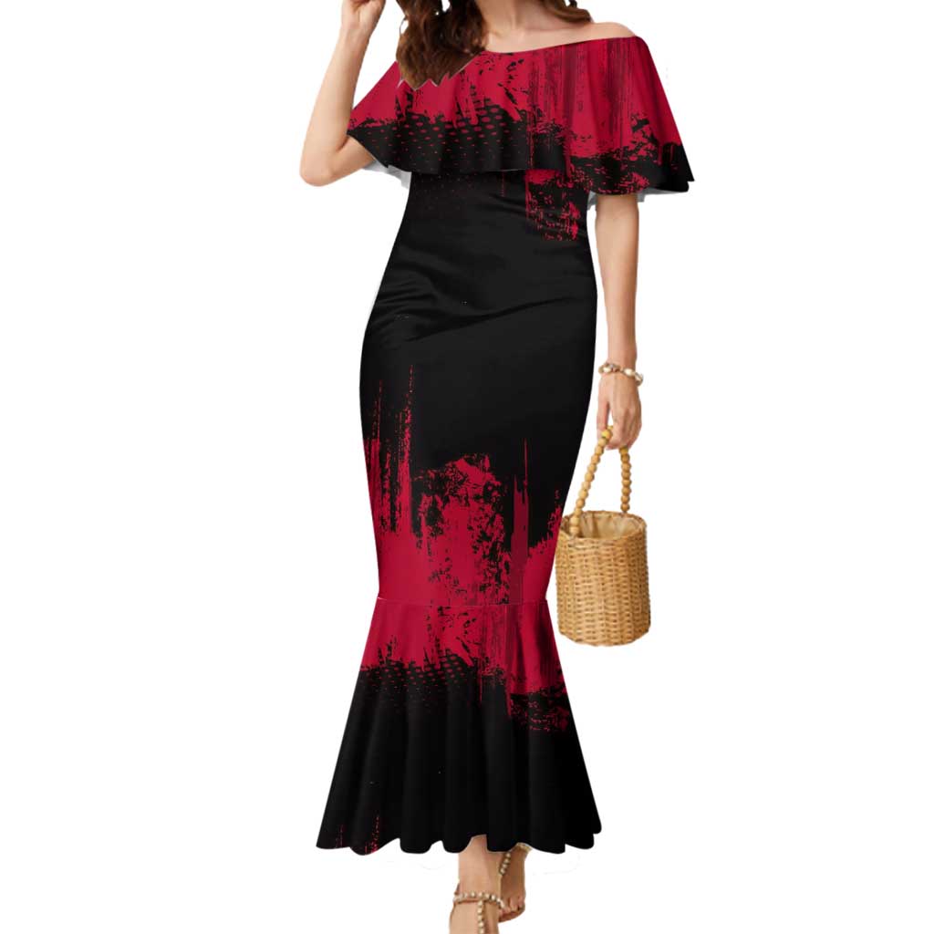 Yoriichi Tsugikuni Demon Slayer Red Grunge Design Mermaid Dress with Intense Eyes and Sword Stance - The Mazicc