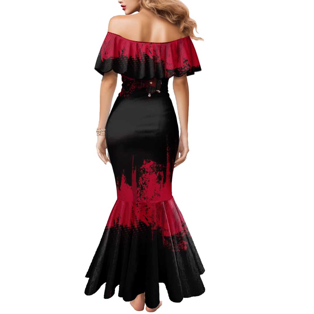 Yoriichi Tsugikuni Demon Slayer Red Grunge Design Mermaid Dress with Intense Eyes and Sword Stance - The Mazicc