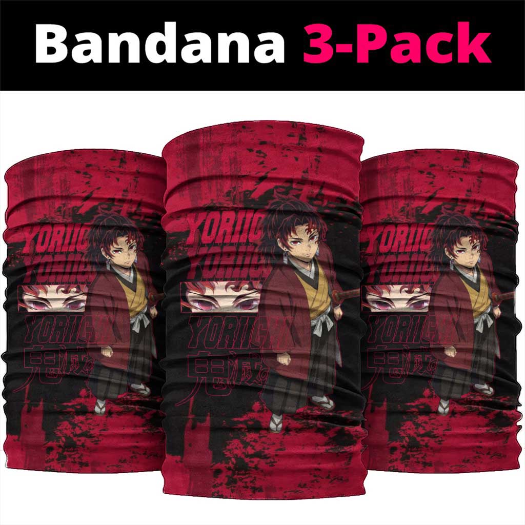 Yoriichi Tsugikuni Demon Slayer Red Grunge Design Neck Gaiter with Intense Eyes and Sword Stance - The Mazicc
