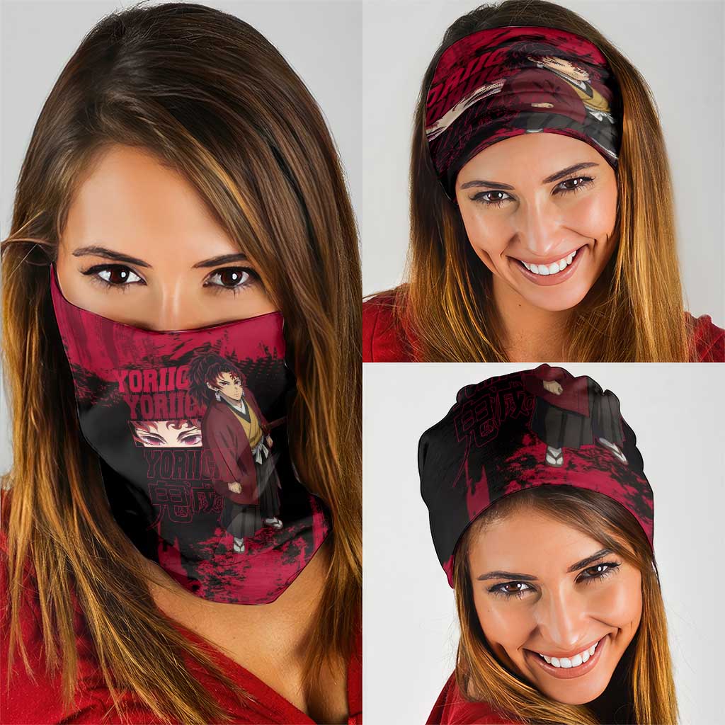 Yoriichi Tsugikuni Demon Slayer Red Grunge Design Neck Gaiter with Intense Eyes and Sword Stance - The Mazicc