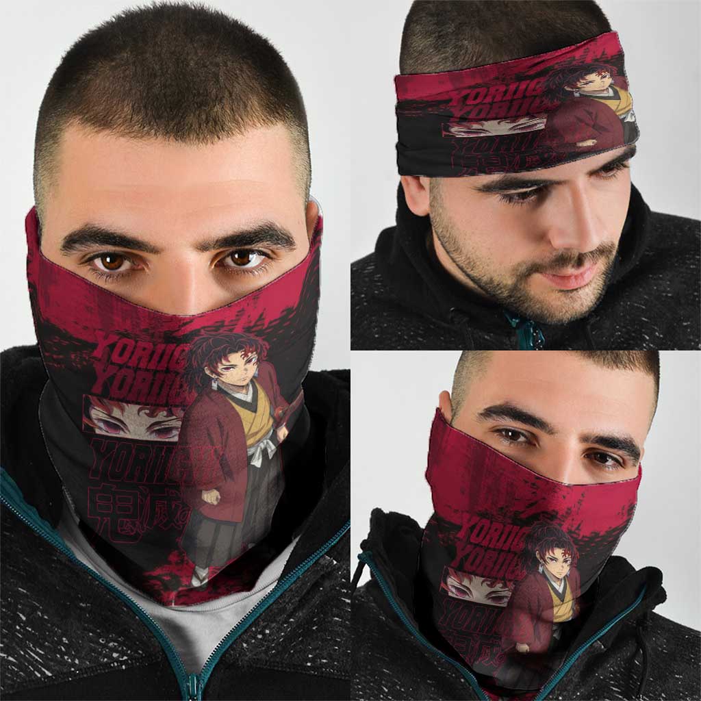 Yoriichi Tsugikuni Demon Slayer Red Grunge Design Neck Gaiter with Intense Eyes and Sword Stance - The Mazicc