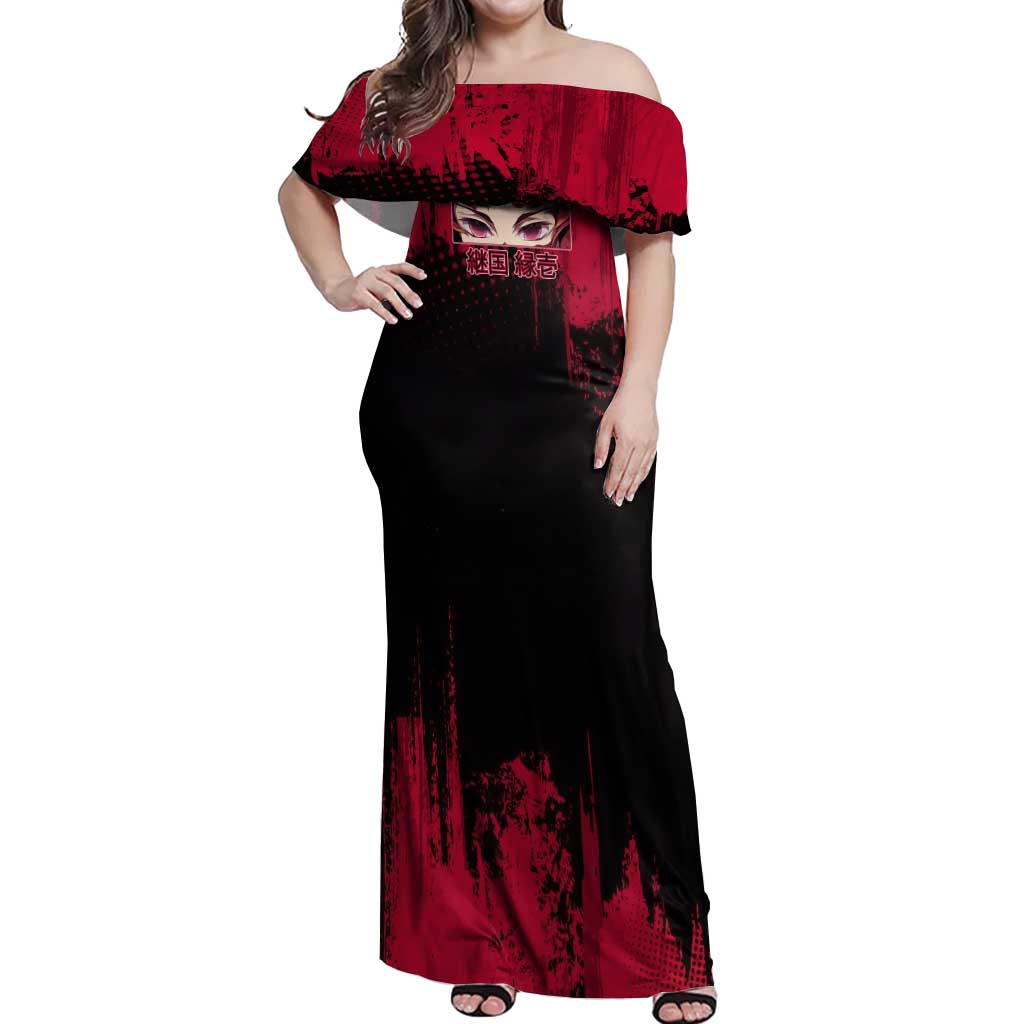 Yoriichi Tsugikuni Demon Slayer Red Grunge Design Off Shoulder Maxi Dress with Intense Eyes and Sword Stance - The Mazicc
