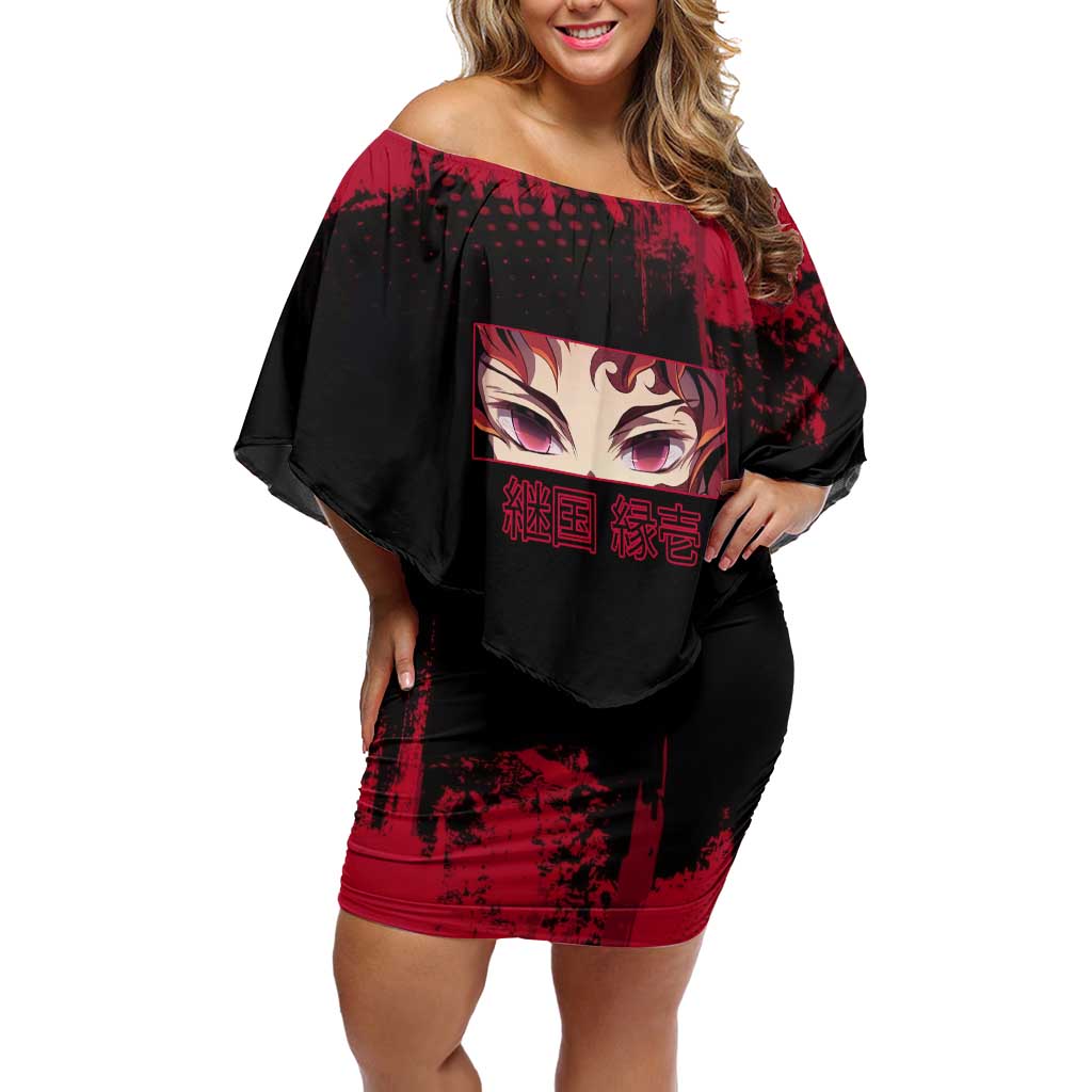 Yoriichi Tsugikuni Demon Slayer Red Grunge Design Off Shoulder Short Dress with Intense Eyes and Sword Stance - The Mazicc