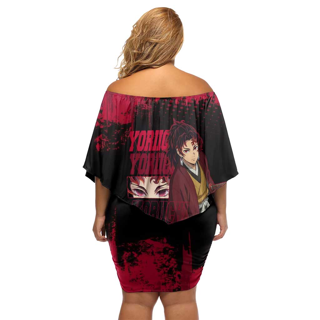 Yoriichi Tsugikuni Demon Slayer Red Grunge Design Off Shoulder Short Dress with Intense Eyes and Sword Stance - The Mazicc
