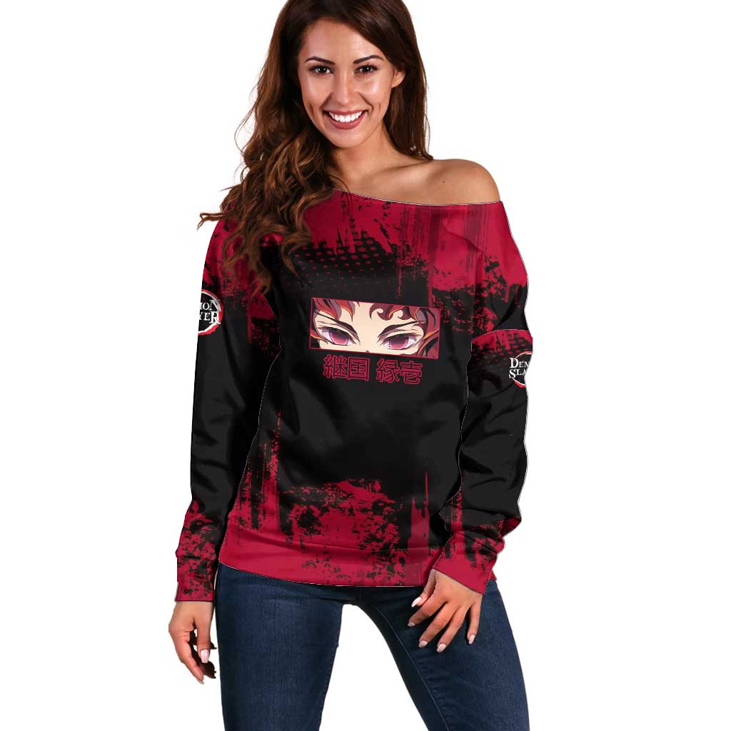 Yoriichi Tsugikuni Demon Slayer Red Grunge Design Off Shoulder Sweater with Intense Eyes and Sword Stance - The Mazicc