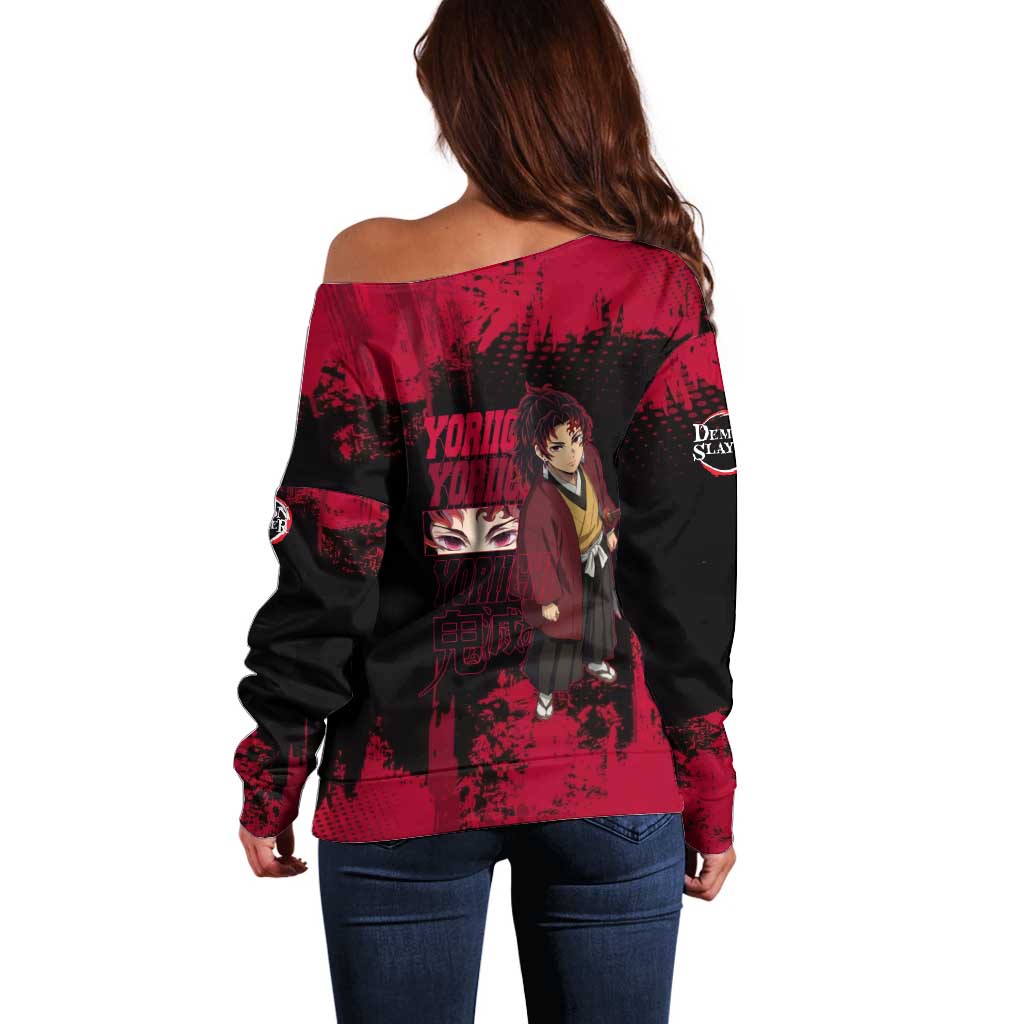 Yoriichi Tsugikuni Demon Slayer Red Grunge Design Off Shoulder Sweater with Intense Eyes and Sword Stance - The Mazicc