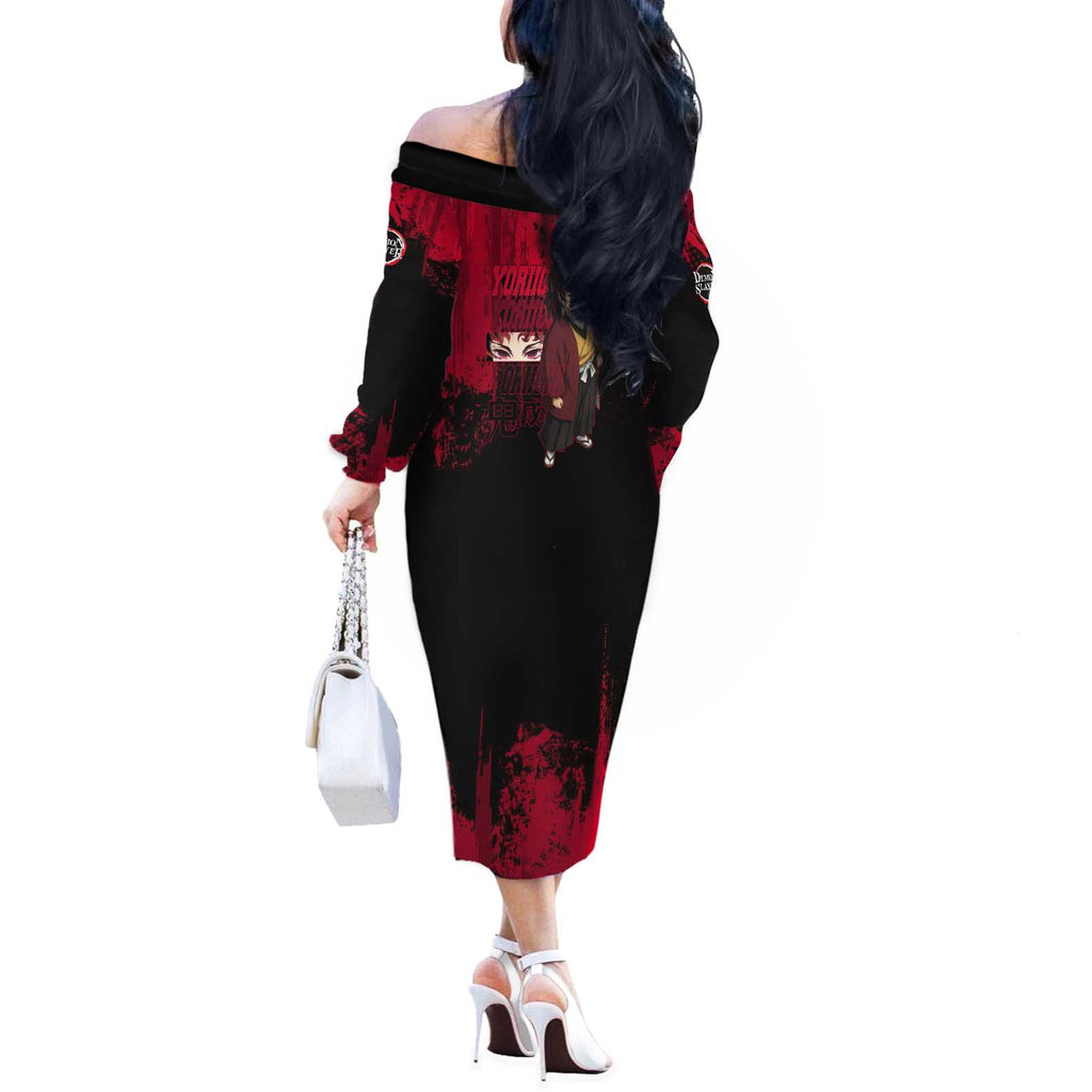 Yoriichi Tsugikuni Demon Slayer Red Grunge Design Off The Shoulder Long Sleeve Dress with Intense Eyes and Sword Stance - The Mazicc