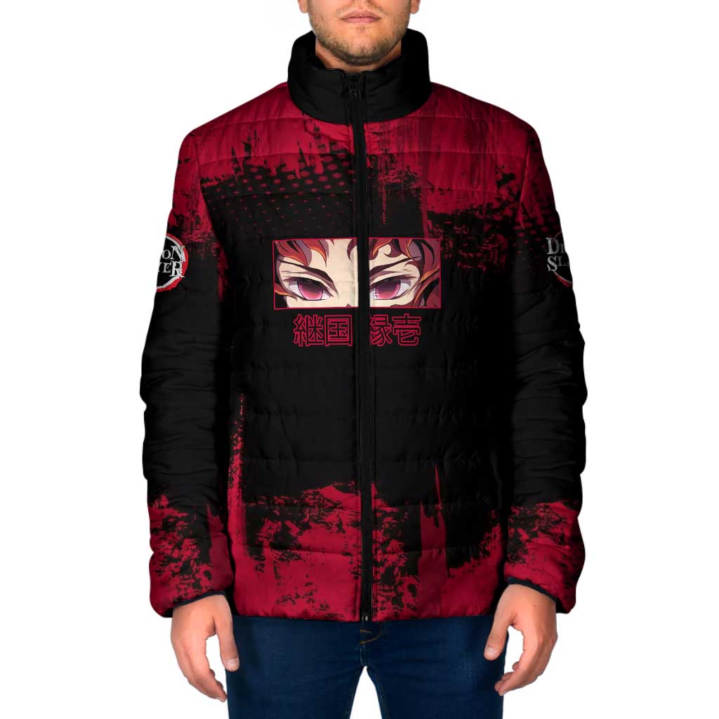 Yoriichi Tsugikuni Demon Slayer Red Grunge Design Padded Jacket with Intense Eyes and Sword Stance - The Mazicc