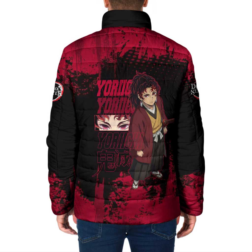 Yoriichi Tsugikuni Demon Slayer Red Grunge Design Padded Jacket with Intense Eyes and Sword Stance - The Mazicc