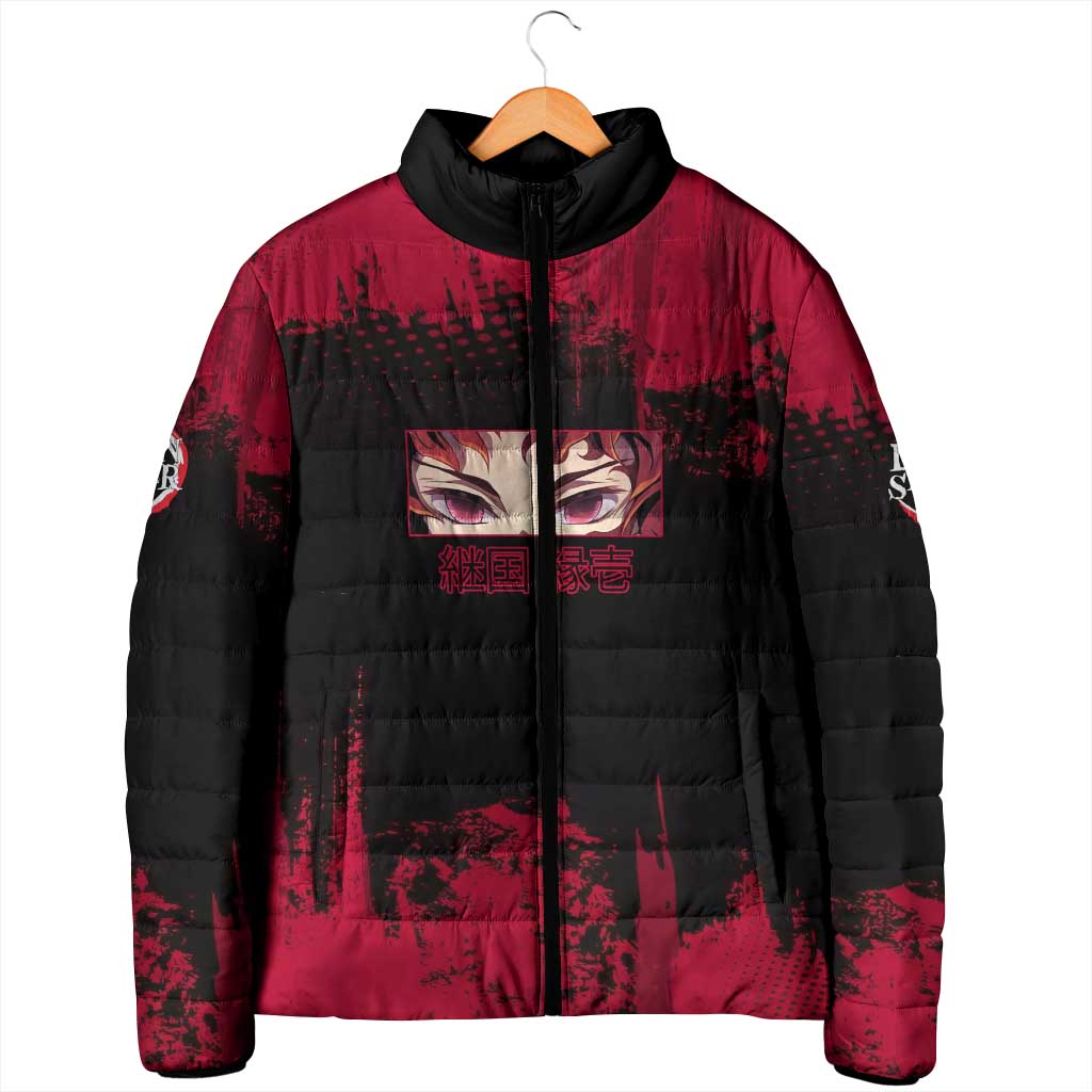 Yoriichi Tsugikuni Demon Slayer Red Grunge Design Padded Jacket with Intense Eyes and Sword Stance - The Mazicc