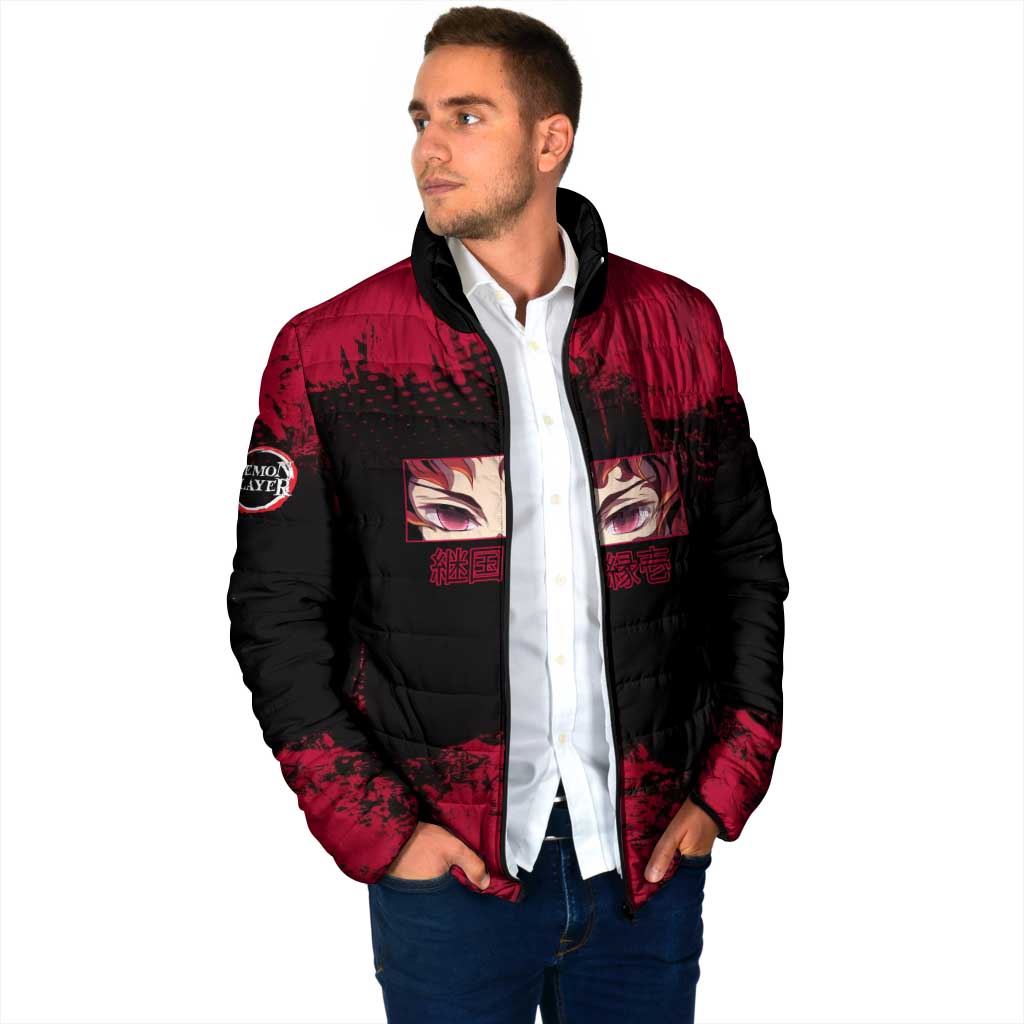 Yoriichi Tsugikuni Demon Slayer Red Grunge Design Padded Jacket with Intense Eyes and Sword Stance - The Mazicc