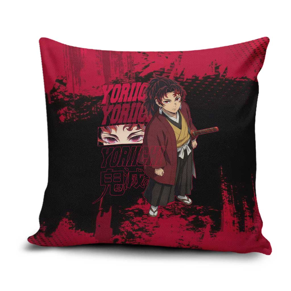 Yoriichi Tsugikuni Demon Slayer Red Grunge Design Pillow Cover with Intense Eyes and Sword Stance - The Mazicc
