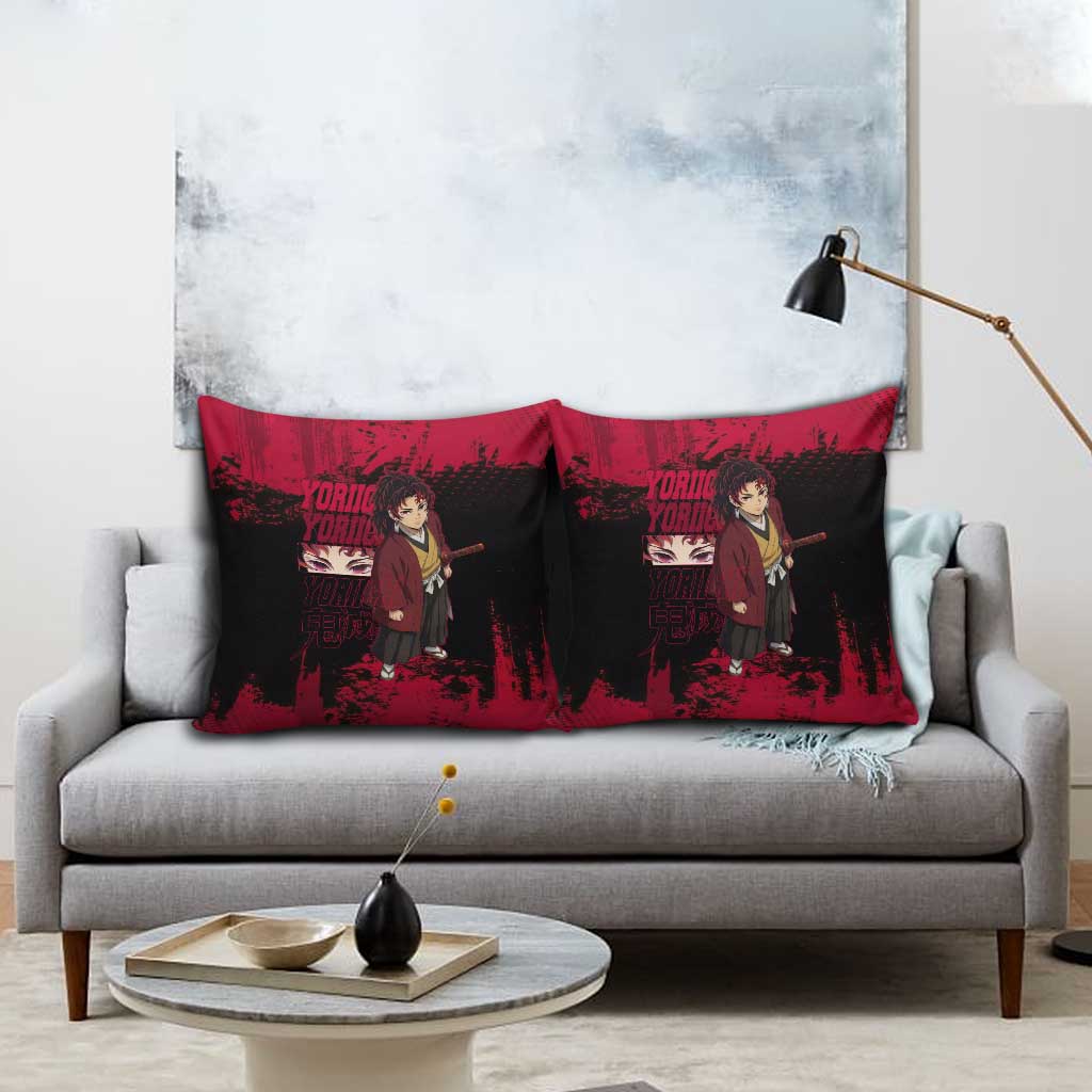 Yoriichi Tsugikuni Demon Slayer Red Grunge Design Pillow Cover with Intense Eyes and Sword Stance - The Mazicc