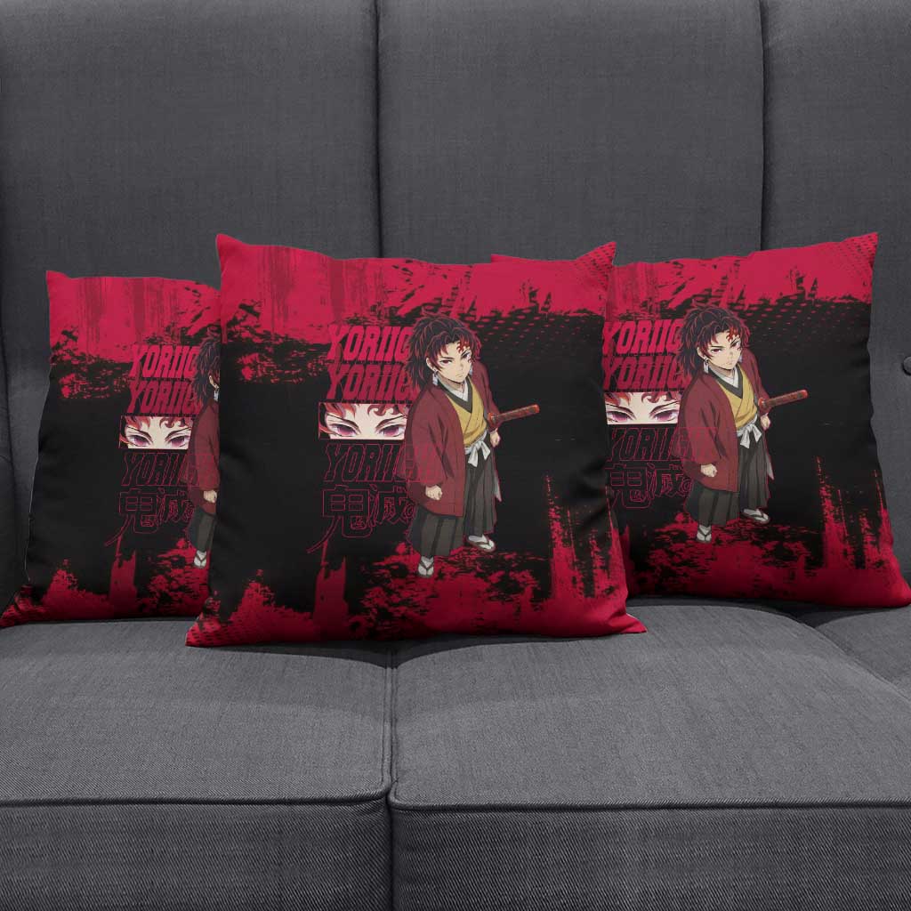 Yoriichi Tsugikuni Demon Slayer Red Grunge Design Pillow Cover with Intense Eyes and Sword Stance - The Mazicc