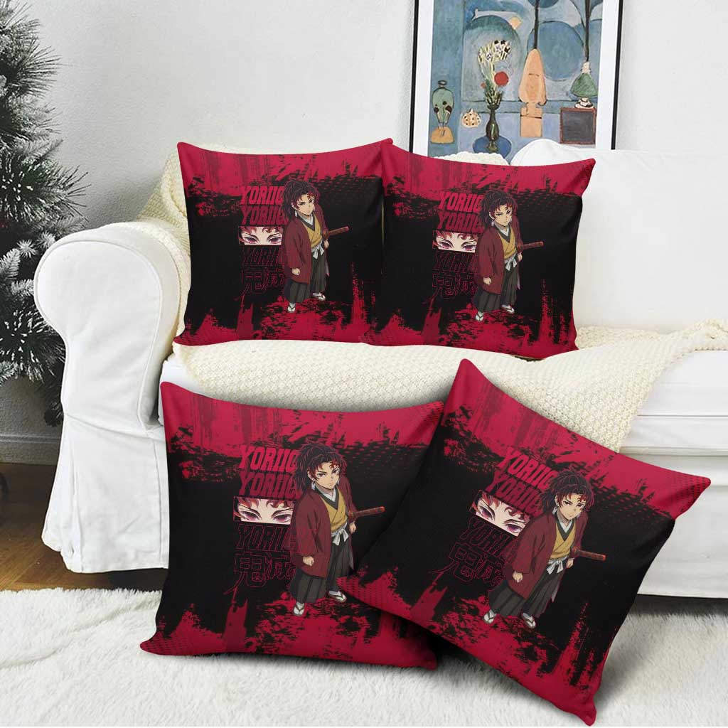 Yoriichi Tsugikuni Demon Slayer Red Grunge Design Pillow Cover with Intense Eyes and Sword Stance - The Mazicc