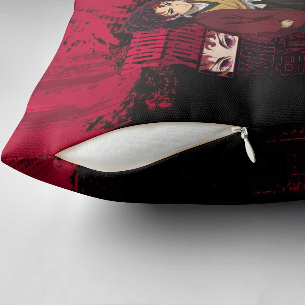 Yoriichi Tsugikuni Demon Slayer Red Grunge Design Pillow Cover with Intense Eyes and Sword Stance - The Mazicc