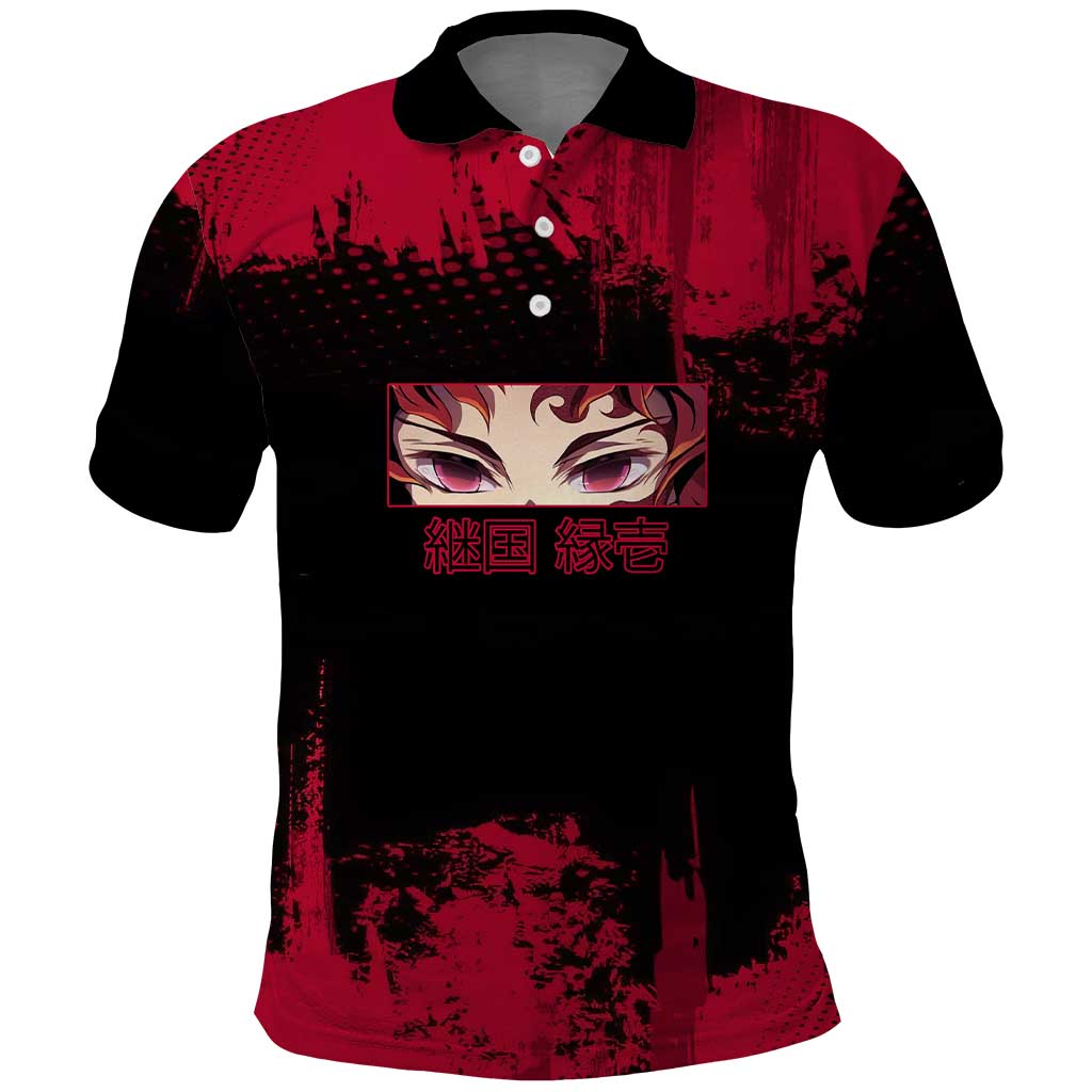 Yoriichi Tsugikuni Demon Slayer Red Grunge Design Polo Shirt with Intense Eyes and Sword Stance - The Mazicc