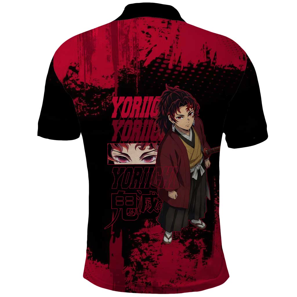 Yoriichi Tsugikuni Demon Slayer Red Grunge Design Polo Shirt with Intense Eyes and Sword Stance - The Mazicc