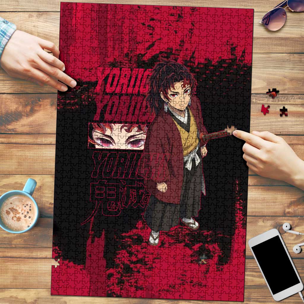 Yoriichi Tsugikuni Demon Slayer Red Grunge Design Puzzle with Intense Eyes and Sword Stance - The Mazicc