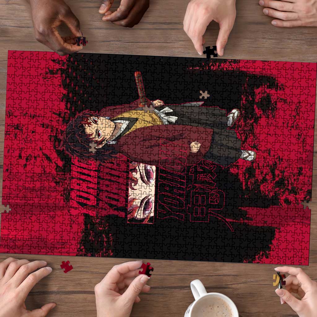 Yoriichi Tsugikuni Demon Slayer Red Grunge Design Puzzle with Intense Eyes and Sword Stance - The Mazicc