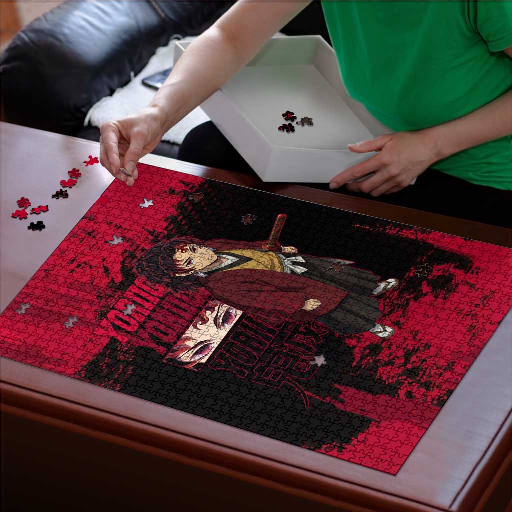 Yoriichi Tsugikuni Demon Slayer Red Grunge Design Puzzle with Intense Eyes and Sword Stance - The Mazicc
