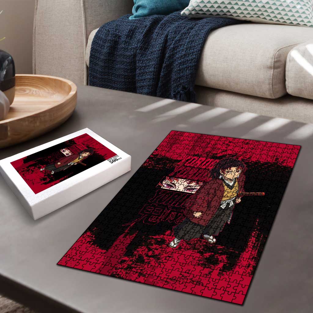 Yoriichi Tsugikuni Demon Slayer Red Grunge Design Puzzle with Intense Eyes and Sword Stance - The Mazicc